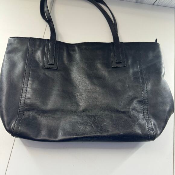 FOSSIL EMMA TOTE Top Zipper Black Hand Bag Strap Soft Leather - Picture 3 of 9